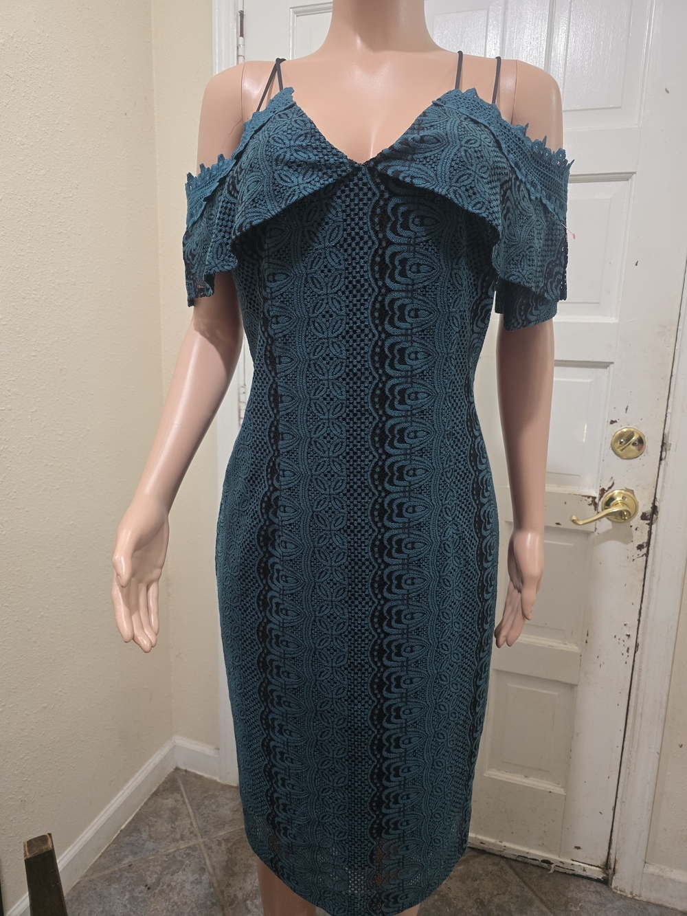Tahari Teal Lace One-Shoulder Bodycon Dress
